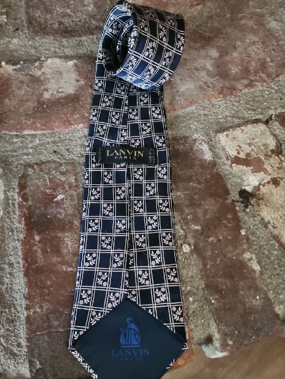 Lanvin Paris Silk Tie Navy Blue White Floral Grid Designer Necktie Italy - Picture 5 of 9